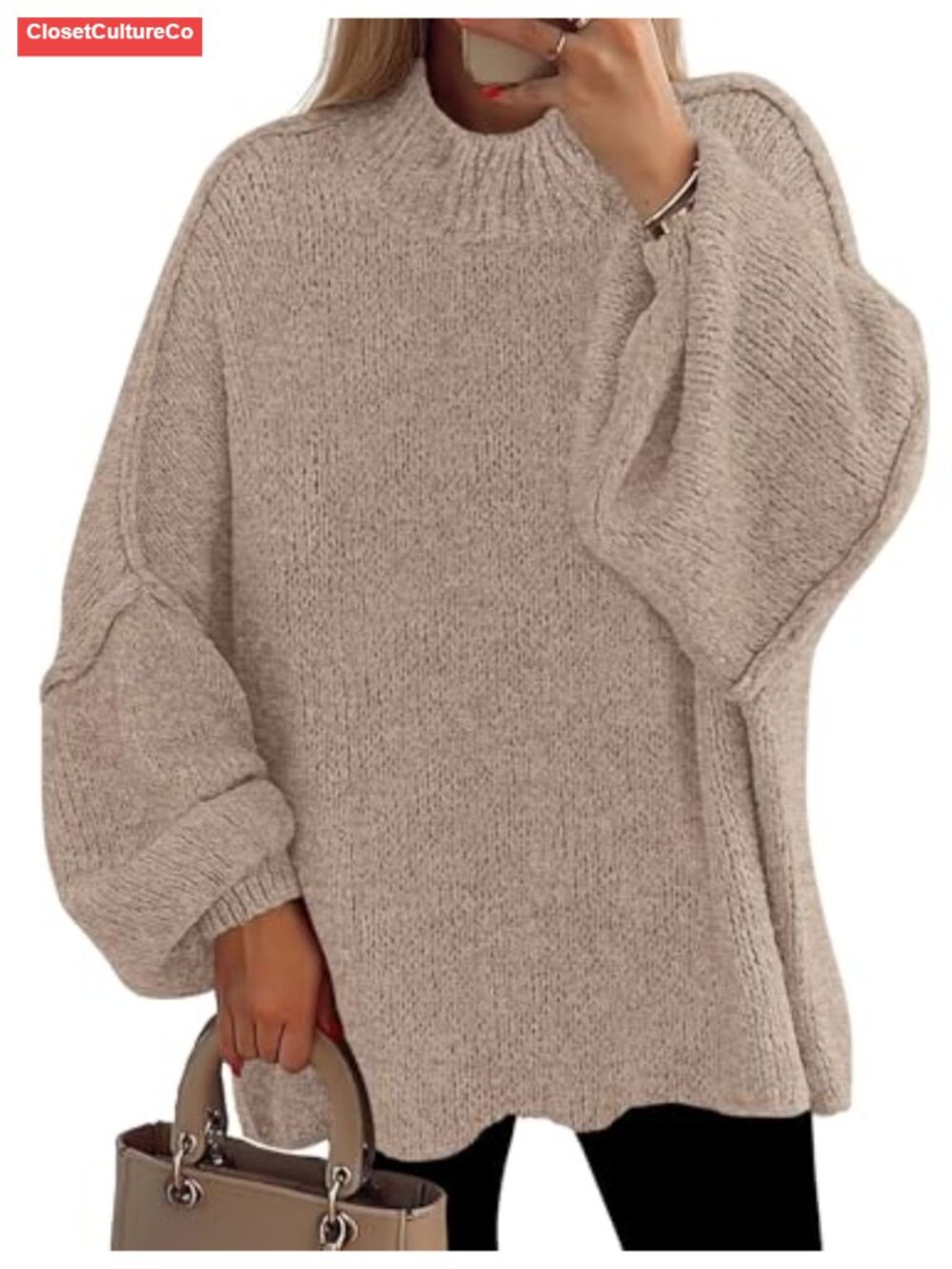 Womens Oversized Chunky Knit Mock Neck Lantern Sleeve Pullover Sweater